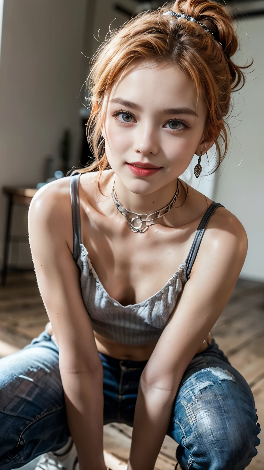 Solo Girl,Alley,Bad Girl,Earrings,Punk Rock Fashion,Punk rock shirt with chain,Punk rock pants with chains,choker,(Moisturized and radiant skin,,),(Shiny silver and orange hair,Short Ponytail),(Princess face composition,Big eyes,Pointed lips,Red lipstick,Cute round face,A smile that makes people happy,blush with embarrassment,blush,),(Bold Pose,(8k quality,Tabletop,highest quality,Ultra-high resolution output images,),Intricate details,(Highly detailed raw photos:1.3),(Picture Mode Ultra HD),squat,The chest is visible