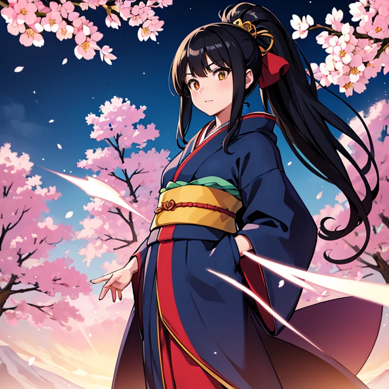 Distinctive facial features，beautiful，アニメ風のCute Japanese Girl, Spring Wonderland Background.，Cute Japanese Girl，Detailed ???????，Long flowing hair，has black hair in a ponytail, single eyelid, Hooded, , Deep Set, Striking deep orange eyes， A gentle smile on his face，Japanese kimono decorated with intricate floral patterns，Smooth animations,artistic digital rendering,Anime-style scenery,Anime Concept Art,Big eyes,Delicate features,Shiny Hair,Anime-style clothing,Digital Painting,Anime-style shadows,Subtle colors,A deep background,Expressive eyes,Peaceful atmosphere,beautiful風景の中のアニメの女の子,Innocent look,The kimono is white, light blue, and gold.，A row of cherry blossom trees is depicted in the background.,Create an atmosphere.，Playfulness，action, 8k Ultra HD, HDR，Unique Design，One and only，A magnificent composition，One Scene，Anime Style，Studio Lighting，Ultra Wide Angle，Original elements，Full body description，Dynamic Angles，Symbolism，Dynamic Lighting，Professional Color Grading，Creative，Extreme detail，Glow effect