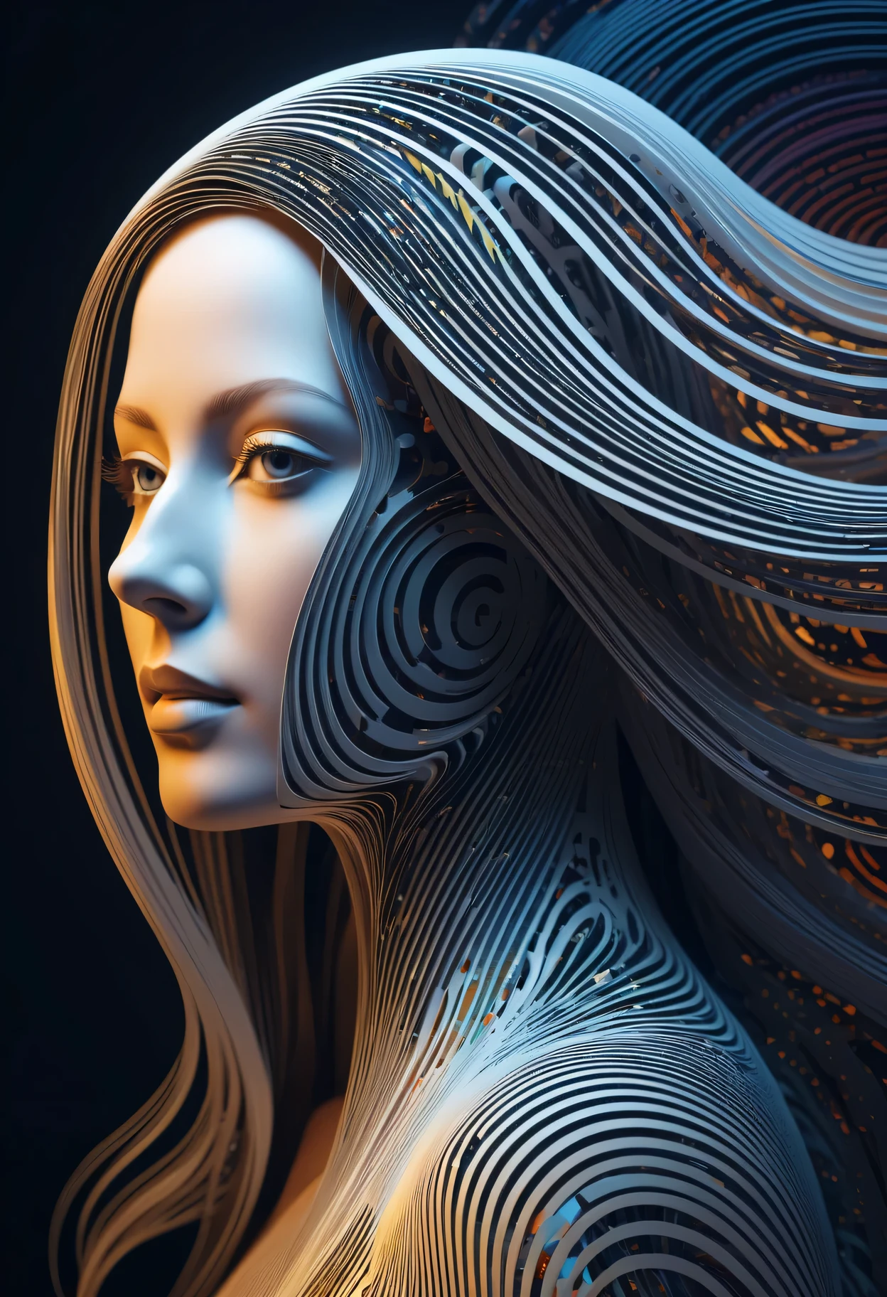 Paper Art Cut Portraits, Beautiful supermodel made with cybernetic digital binary barcode data in synesthesia style, Floating long hair, Vector dot futuristic, Fractal Art, The wave rises in a perfect spiral, luminogram jewel - metallic tone gradient, Charged glowing circuit wave, Cinema 4D, Octane Rendering, Very detailed, Algorithmic Symmetry, Movie Lighting, Surreal, 8k, Unreal Engine, Extremely detailed, Ultra HD
