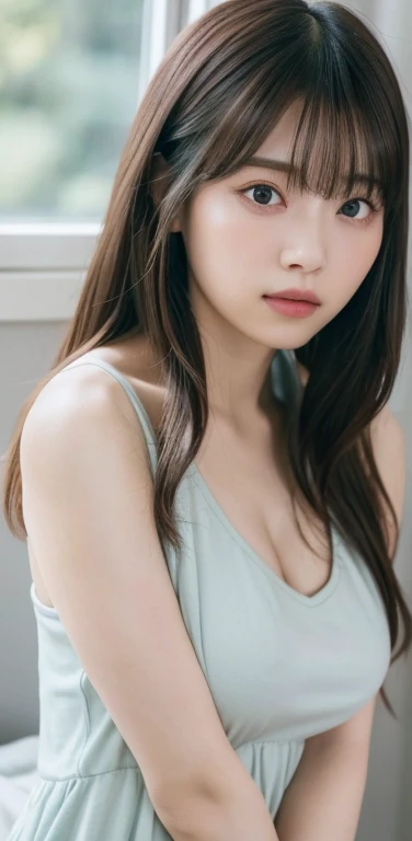 masterpiece, highest quality, 8k, 20th Generation, Large Breasts, cute, alone, sad, cute, Girlish, Delicate girl, Pure beauty, RAW Photos, Professional photography, Portraiture, Soft Light, Professional Lighting, Backlight, Upper Body, avert your eyes, Sophisticated, Film Grain, (Eyes and facial details:1.0), Short floating hair, Beautiful, flowing hair, bangs, (Tight tank top that clings to the breasts(pastel colour))、(Large Breasts:1.0)、You can see a little cleavage、Dolly Makeup、Odd Eye、The colour of the left and right eyes are different