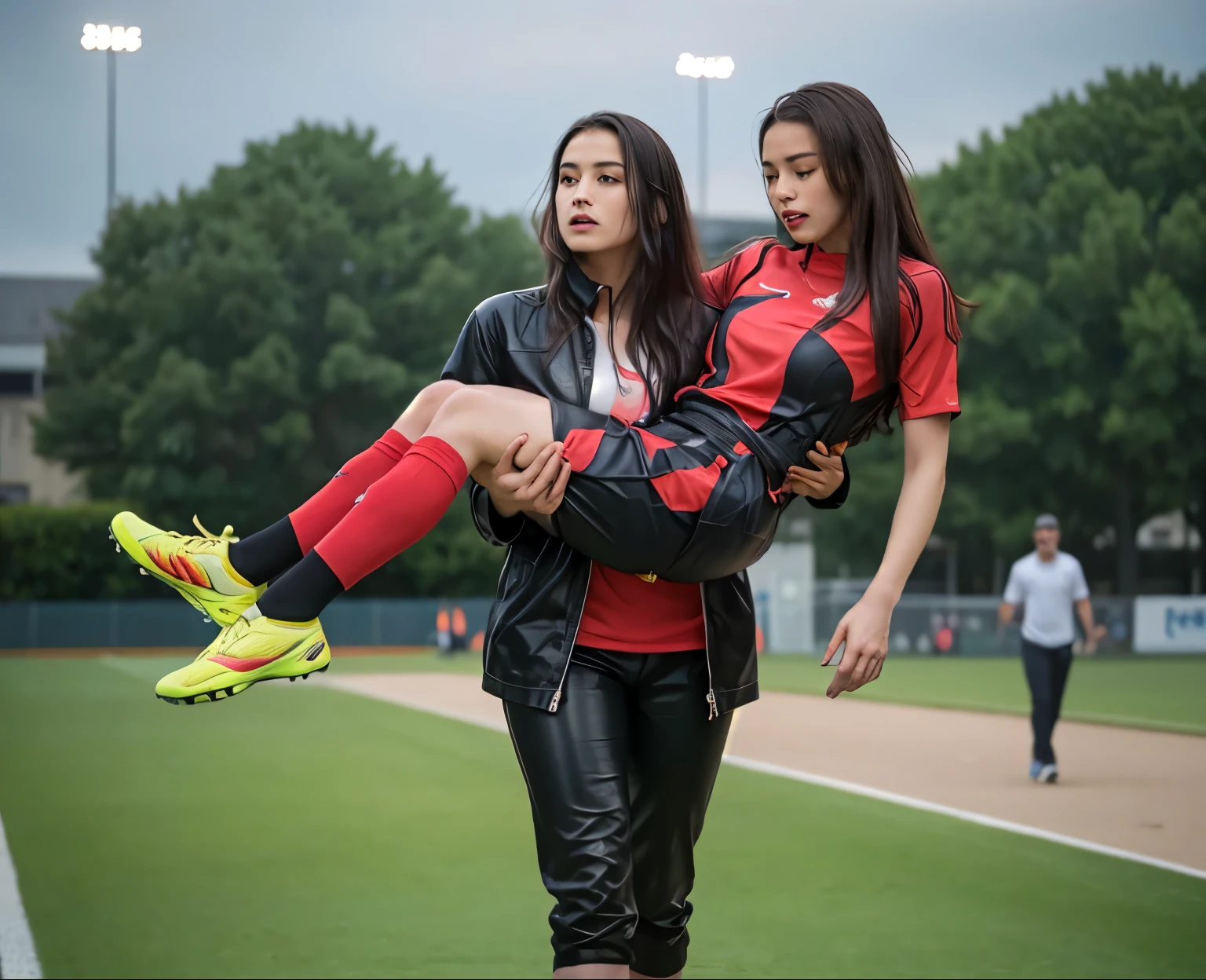 Andrea carries the wounded man's body in her hands, Andrea grabs his legs and his body with her hands, the bearded man in Andrea's arms is visibly in pain, stadium atmosphere, the bearded man is lying consciousless in Andrea's arms with one arm hanging down, A scene at a soccer stadium, a bearded man lying in a caring women's arms, lying helpless in her arms with his head dangling down, he has one arm dangling down while being carried in the women's arms, There is an attractive and heavily made-up woman in a long black leather coat, A pretty woman in a shiny black leather coat on a soccer field, A wonderful woman is holding a passed out man, A man in matt and roughened sportswear is held diagonal in her arms, a man in a woman's arms and lets one arm dangling down, we see the man held in front of the woman's body, the man is cradled in the woman's arm while being carried, the beautiful woman is exceptionally heavily made up and has an extremely desperate and very angry expression on her face, high-resolution photo, realistic sports photo, soccer scene, woman in black shiny long leather coat, injury scene, real photo, ultra realistic, high definition, sports photography