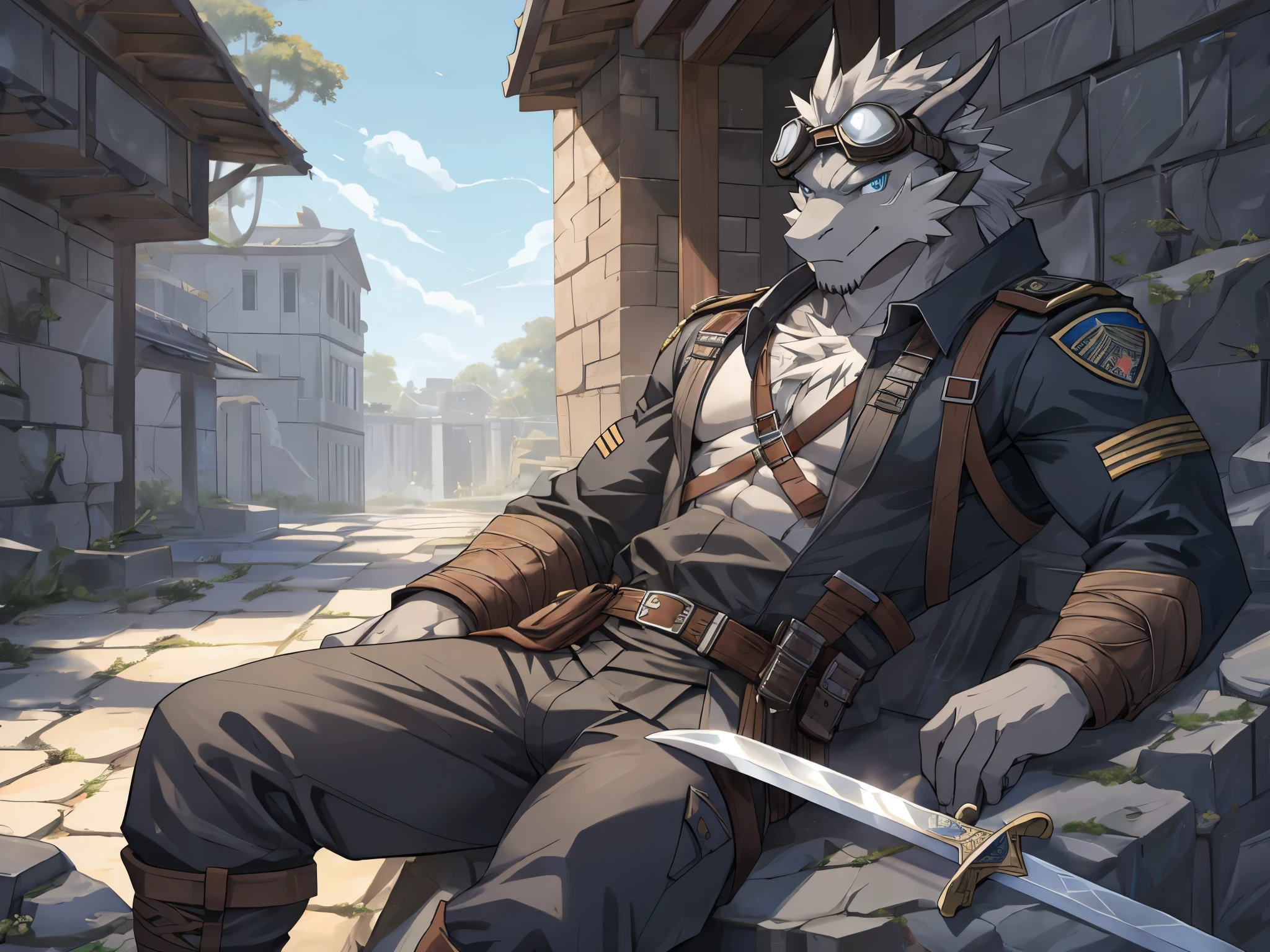 Masterpiece, Solo, Male Grey Dragon, Blue Eyes, Grey Medium Hair, Muscular Body, Adult, Fierce, Soldier Outfit, Wearing Goggles, Chilling Pose, Sword in back