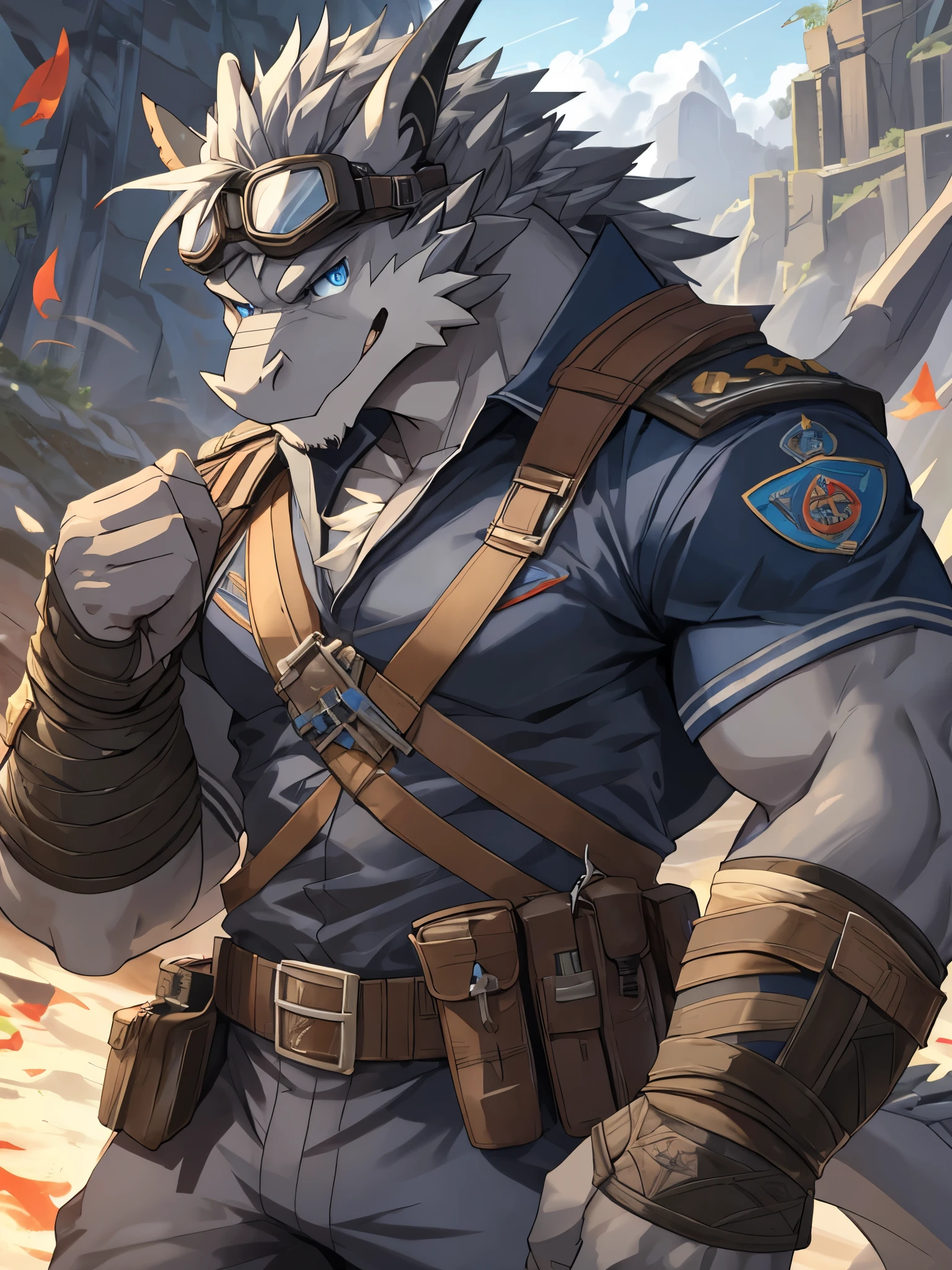 Masterpiece, Solo, Male Grey Dragon, Blue Eyes, Grey Medium Hair, Muscular Body, Adult, Fierce, Soldier Outfit, Wearing Goggles