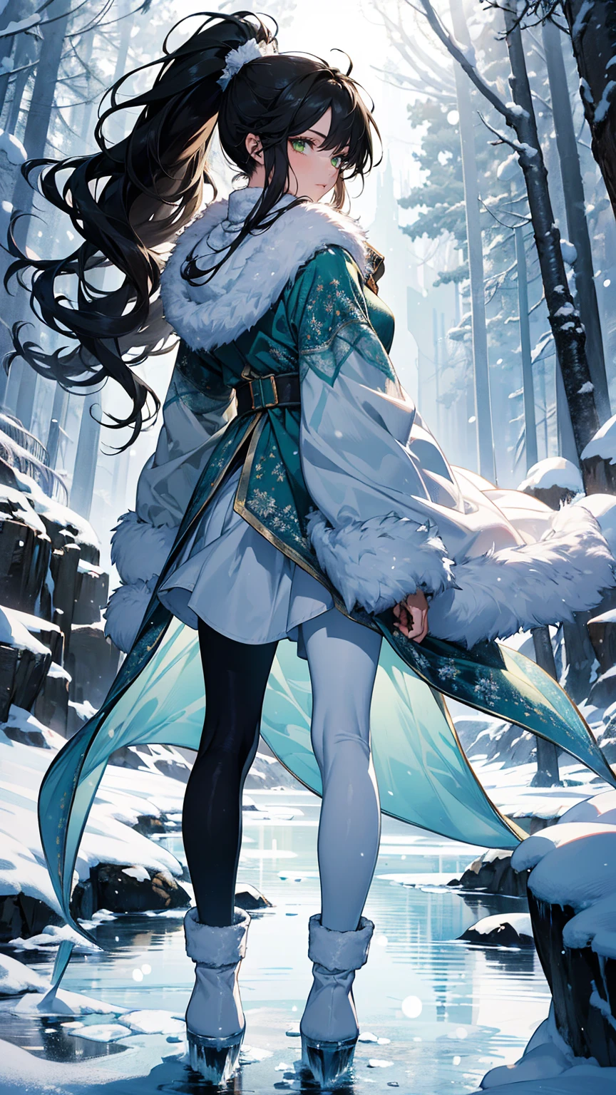(masterpiece, best quality, high resolution, ultra-detailed), (beautiful and aesthetically pleasing: 1.2), 1 woman, adult, female focus, perfect body, ((black hair)), (( long wavy ponytail hair)), (((green eyes))), ((big ice castle)), full body, ice, icicles, snow, snowdrifts, frozen river, the sun reflects off the ice, long sweater dress, shawl, leggins, fur-trimmed boots, winter forest 