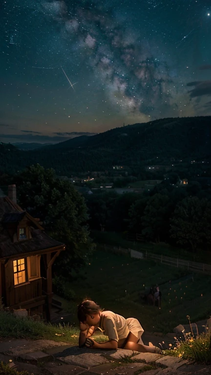 Immerse yourself in a Ghibli-inspired anime tableau: behold a young boy reclining on a grassy knoll, gazing over a tranquil rural town under the blanket of night. Above, the sky unfurls its celestial tapestry, with stars twinkling like diamonds and the Milky Way painting a luminous arc across the horizon. Below, the town is aglow with the soft radiance of moonlight, its windows emitting warm, inviting light from snug homes. Fireflies flit around the boy, their ethereal dance adding to the enchantment of the scene. Through this captivating tableau, rediscover the wonder, nostalgia, and simple joys that adorn the tapestry of life.