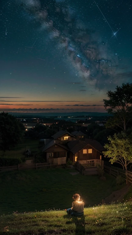Immerse yourself in a Ghibli-inspired anime tableau: behold a young boy reclining on a grassy knoll, gazing over a tranquil rural town under the blanket of night. Above, the sky unfurls its celestial tapestry, with stars twinkling like diamonds and the Milky Way painting a luminous arc across the horizon. Below, the town is aglow with the soft radiance of moonlight, its windows emitting warm, inviting light from snug homes. Fireflies flit around the boy, their ethereal dance adding to the enchantment of the scene. Through this captivating tableau, rediscover the wonder, nostalgia, and simple joys that adorn the tapestry of life.