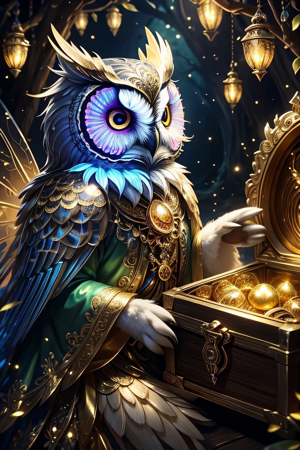 Luminous art owl in fairy costume, psychedelic,god々New Background,god mysterious background,Dignified,gold,There is a treasure chest of gold and silver nearby.,Treasure chest opens