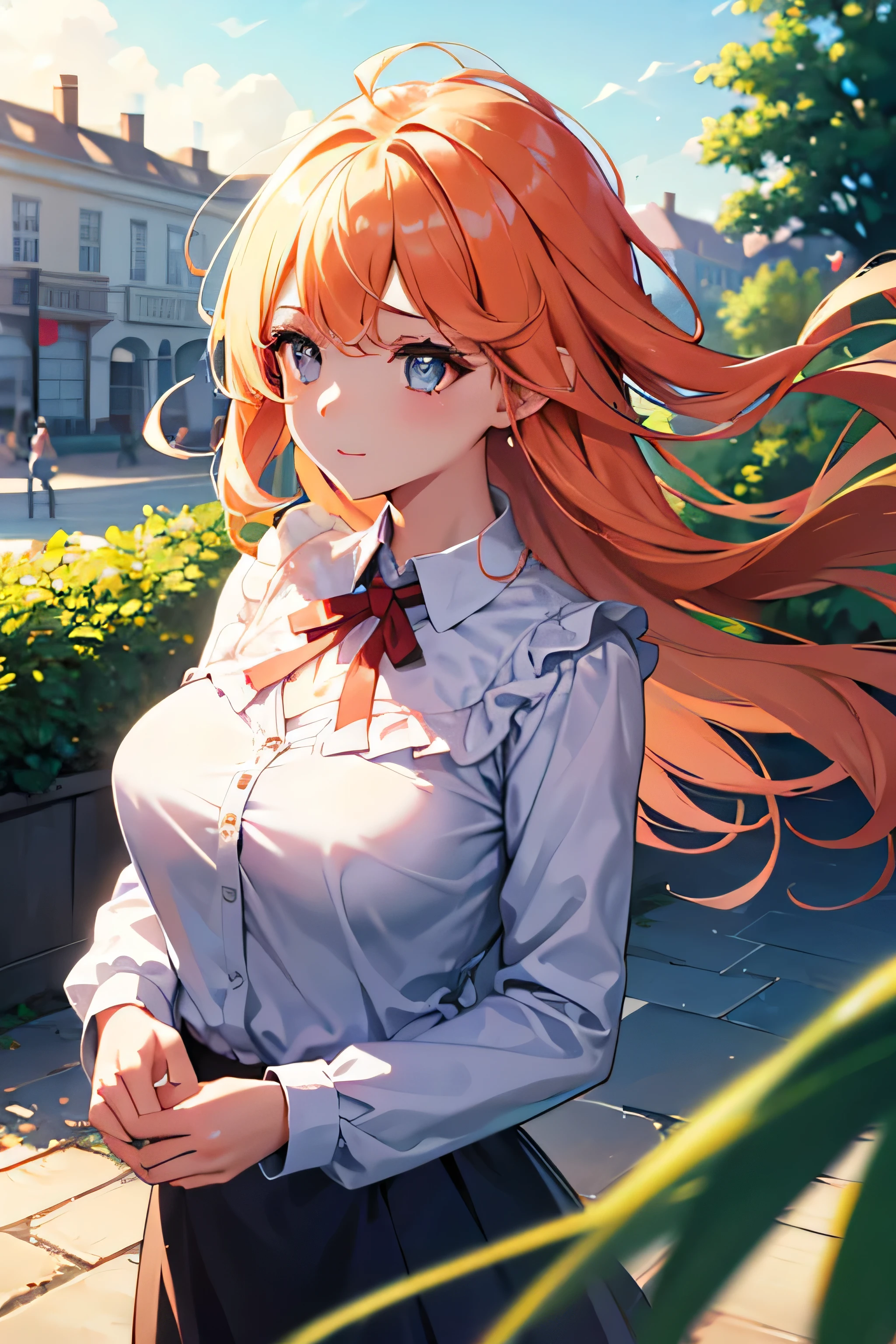 highest quality, One girl, (Skin Hollow), (Large Breasts), (Day), bright, Background Blur, Outdoor, (street:0.6), (hair:1.5), (blouse:1.5), nice, (hair Float:1.5), Soft Light, Wind, garden, street