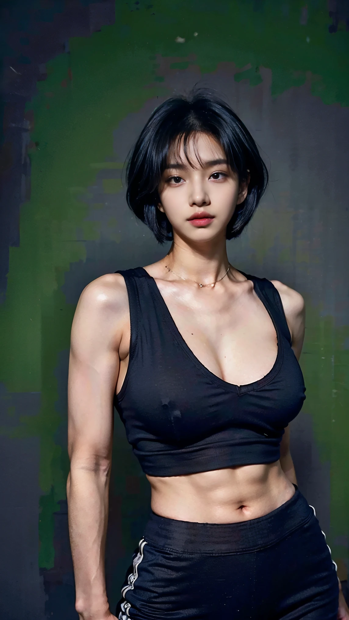Realistic photos, 8k ,Handsome young Korean tomboy with a bob cut,(Ultra-realistic), (figure), (High resolution), (8k), (Very detailed), (Best figure), (Beautiful fine details), (highest quality), (Super detailed), (masterpiece), (wallpaper), (Detailed face), ((whole body,Flat Chest,Slightly muscular)),alone,Black hair bob cut,(((Face is a girl,The body is a perfect man))), Black tank top,Training pants,Transgender,Korean,aespakarina,Chest is male,kpop