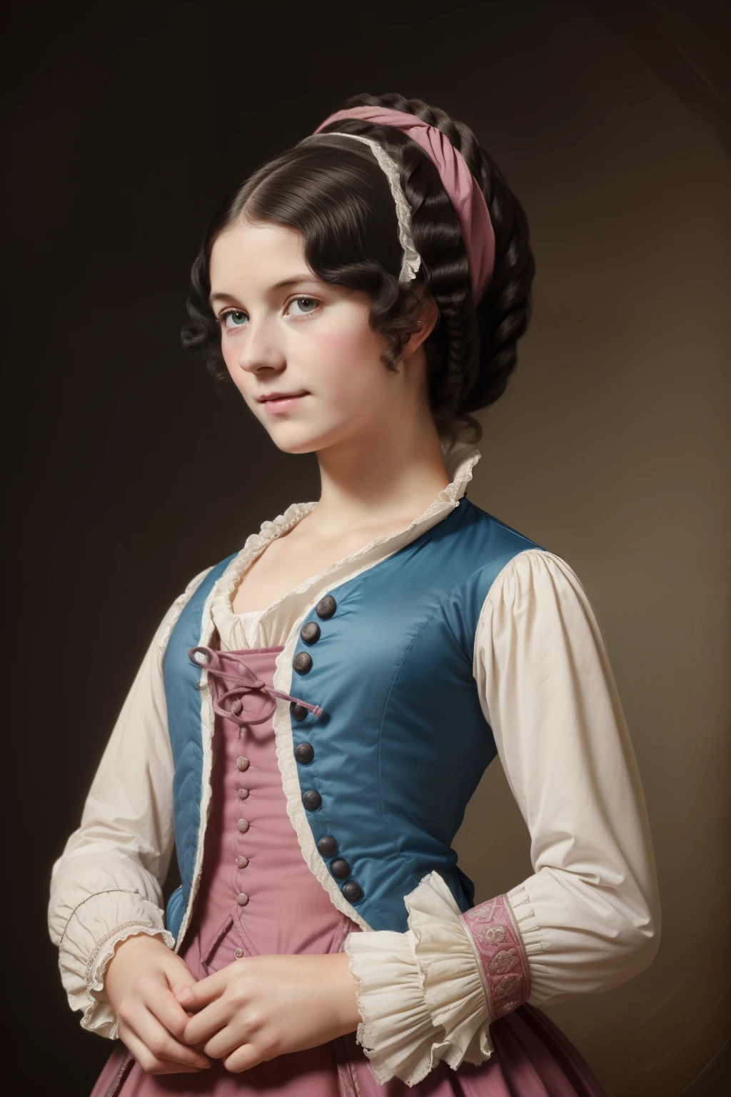 England, 1792. A young ((((18-year-old)) Sally Clitheroe)), , ((((clothings from the 1790s)))), ((hairstyle of the 1790s)), pastel colors, colorful, realistic