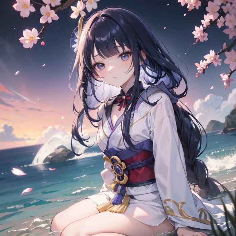 Distinctive facial features，beautiful，アニメ風のCute Japanese Girl, Spring Wonderland Background.，Cute Japanese Girl，Detailed anatomy，Long flowing hair，has black hair in a ponytail, single eyelid, Hooded, , Deep Set, Striking deep orange eyes， A gentle smile on his face，Japanese kimono decorated with intricate floral patterns，Smooth animations,artistic digital rendering,Anime-style scenery,Anime Concept Art,Big eyes,Delicate features,Shiny Hair,Anime-style clothing,Digital Painting,Anime-style shadows,Subtle colors,A deep background,Expressive eyes,Peaceful atmosphere,beautiful風景の中のアニメの女の子,Innocent look,The kimono is white, light blue, and gold.，A row of cherry blossom trees is depicted in the background.,Create an atmosphere.，Playfulness，action, 8k Ultra HD, HDR，Unique Design，One and only，A magnificent composition，One Scene，Anime Style，Studio Lighting，Ultra Wide Angle，Original elements，Full body description，Dynamic Angles，Symbolism，Dynamic Lighting，Professional Color Grading，Creative，Extreme detail，Glow effect