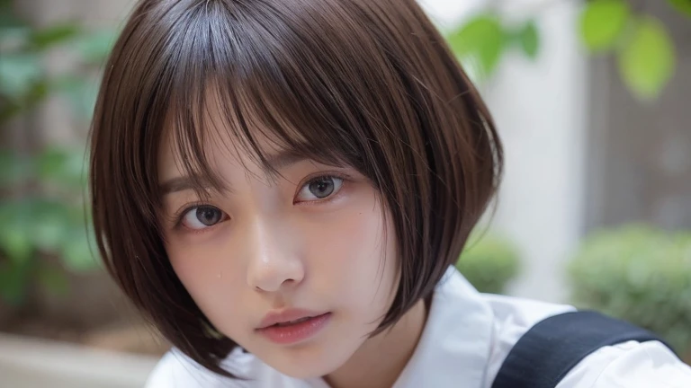 (Bob Cut Hair:1.2),(Wearing school uniform:1.2),1 girl,Japanese,21 years old,(Small breasts:1.3),(highest quality,masterpiece:1.3,超A high resolution,),(Ultra-detailed,Caustics),(Photorealistic:1.4,RAW shooting,)Ultra-Realistic Capture,Very detailed,High resolution 16K human skin close-up。 Natural skin texture、,Pores、、It needs to be detailed enough to be easily identifiable。 Skin should be even-toned and healthy looking。 Use natural light and colour, Sad expression, Looking at the camera, Perfect dynamic composition, Outdoor