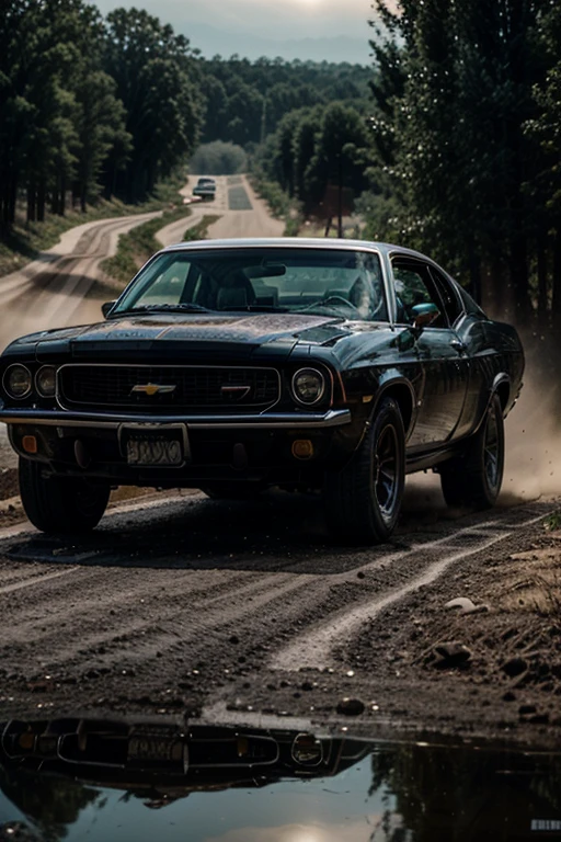 ((masterpiece)), ((best quality)), ((detailed)), (Phenomenal), Immersive, Enchanting, Vehicle, American Muscle Car, Chevrolet, driving in a dirt road, American countryside, action movie scene, Automotive Photograph, Snapshot, Image, Cinematic lighting, Filmic illumination, Dramatic lighting, Evocative lighting, Reduced reflections, Increased contrast, 8K Ultra high res. 