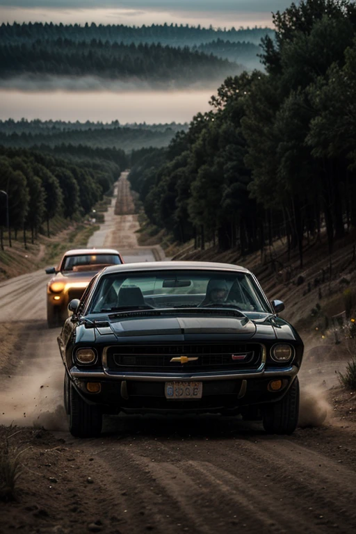 ((masterpiece)), ((best quality)), ((detailed)), (Phenomenal), Immersive, Enchanting, Vehicle, American Muscle Car, Chevrolet, driving in a dirt road, American countryside, action movie scene, Automotive Photograph, Snapshot, Image, Cinematic lighting, Filmic illumination, Dramatic lighting, Evocative lighting, Reduced reflections, Increased contrast, 8K Ultra high res. 