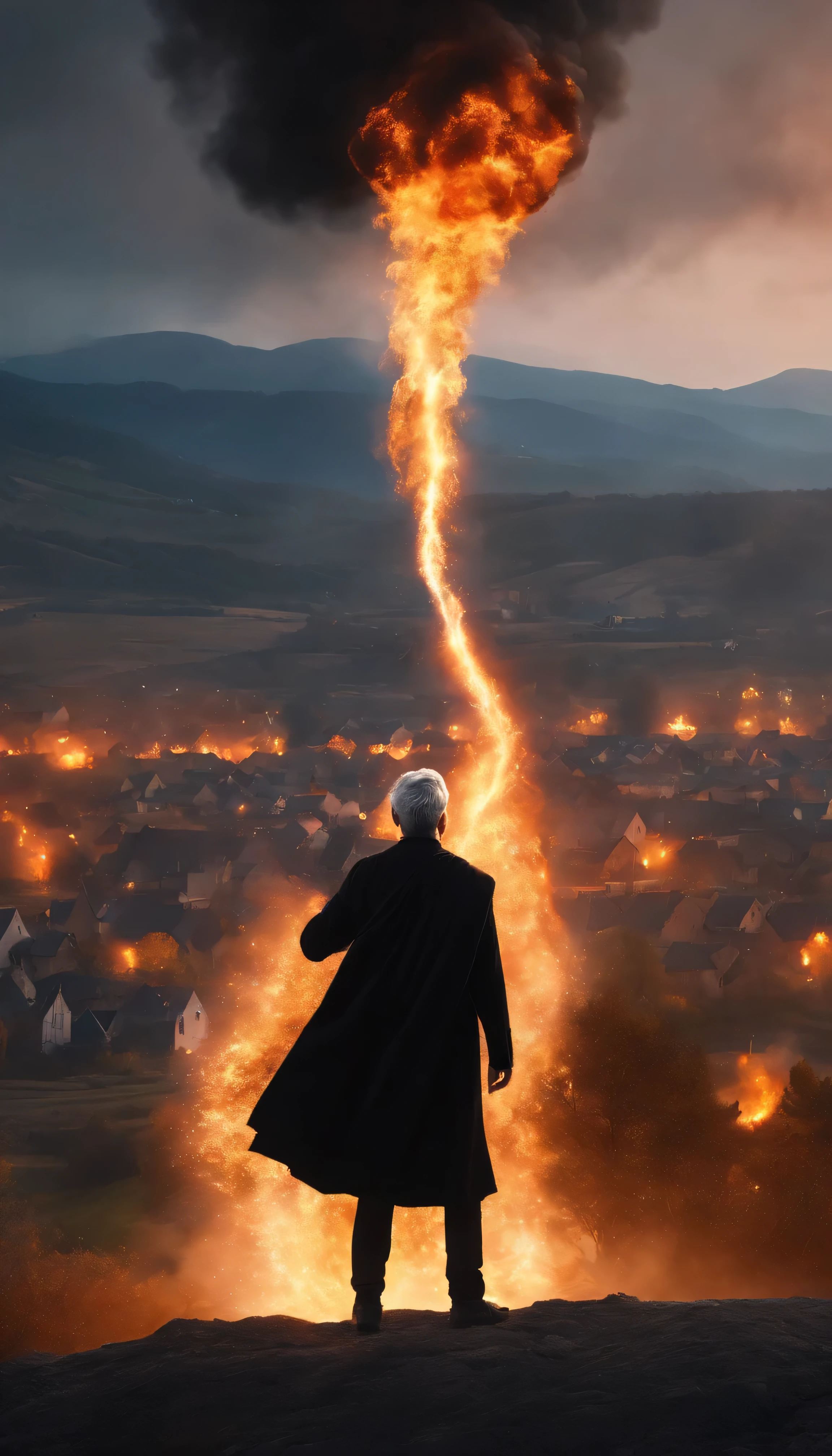 8k, close distance portrait, a male wizard with black clothes and grey short hair from behind, hand pointing to the sky, throwing a super massive huge fireball to a village in the distance from hill, with a burning village background the distance