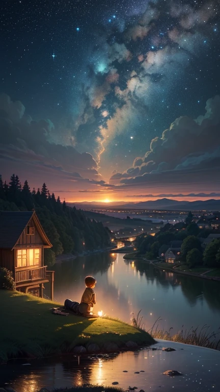 Immerse yourself in a Ghibli-inspired anime tableau: behold a young boy reclining on a grassy knoll, gazing over a tranquil rural town under the blanket of night. Above, the sky unfurls its celestial tapestry, with stars twinkling like diamonds and the Milky Way painting a luminous arc across the horizon. Below, the town is aglow with the soft radiance of moonlight, its windows emitting warm, inviting light from snug homes. Fireflies flit around the boy, their ethereal dance adding to the enchantment of the scene. Through this captivating tableau, rediscover the wonder, nostalgia, and simple joys that adorn the tapestry of life.