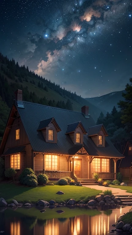 Immerse yourself in a Ghibli-inspired anime tableau: behold a young boy reclining on a grassy knoll, gazing over a tranquil rural town under the blanket of night. Above, the sky unfurls its celestial tapestry, with stars twinkling like diamonds and the Milky Way painting a luminous arc across the horizon. Below, the town is aglow with the soft radiance of moonlight, its windows emitting warm, inviting light from snug homes. Fireflies flit around the boy, their ethereal dance adding to the enchantment of the scene. Through this captivating tableau, rediscover the wonder, nostalgia, and simple joys that adorn the tapestry of life.