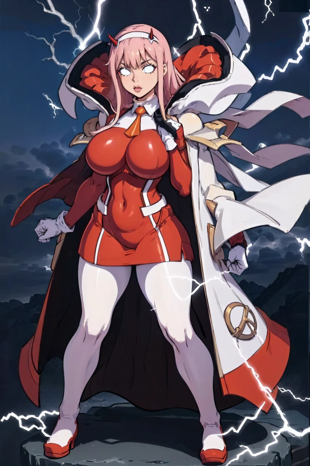 masterpiece, best quality, IncrsLowTier, electricity, glowing eyes zerotwo horns, hairband, necktie, red dress, pantyhose horns, hairband, red bodysuit, armlet, mecha horns, hairband, white bodysuit, white gloves, cap, red dress, white gloves, jacket on shoulders, pantyhose, cyber_armor body_suit,huge_breast, tall female, fulll body, sun light, smile,, sun aura,, boots, standing, smile, lips, red lips,,,{best quality}, {amazing quality} {best quality},{amazing quality},, {absurdres},{{highres}}, {very aesthetic}, {detailed}, curvy, tall, huge breast, character focus, white background,full-length portrait,, huge hips, huge muscles, huge thighs, curvaceous, venus figure,full body, full portrait