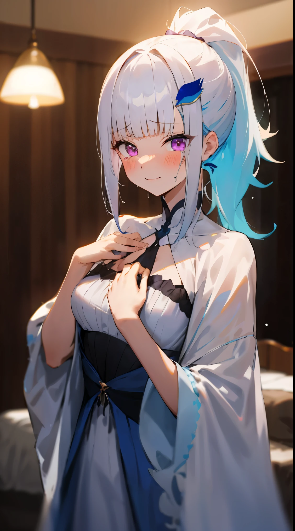 One girl with high ponytail hair, blunt bangs, white hair, blue inner hair:1.25) , purple eyes, looking at viewer, blushing, little smile, tears, night gown, bare hands, indoor, bedroom, standing, dizzy, mid-chest, night atmosphere, hair ornament, medium breasts, upper body, focus, blurry background