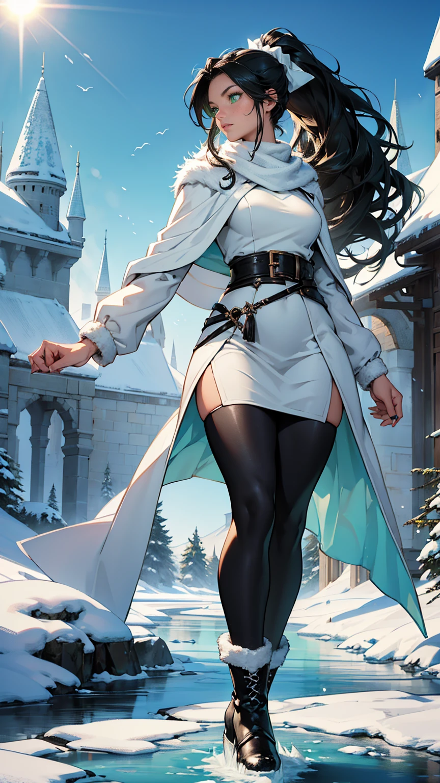 (masterpiece, best quality, high resolution, ultra-detailed), (beautiful and aesthetically pleasing: 1.2), 1 woman, adult, female focus, perfect body, ((black hair)), (( long wavy ponytail hair)), (((green eyes))), ((big ice castle)), full body, ice, icicles, snow, snowdrifts, frozen river, the sun reflects off the ice, long sweater dress, shawl, leggins, fur-trimmed boots, winter forest 