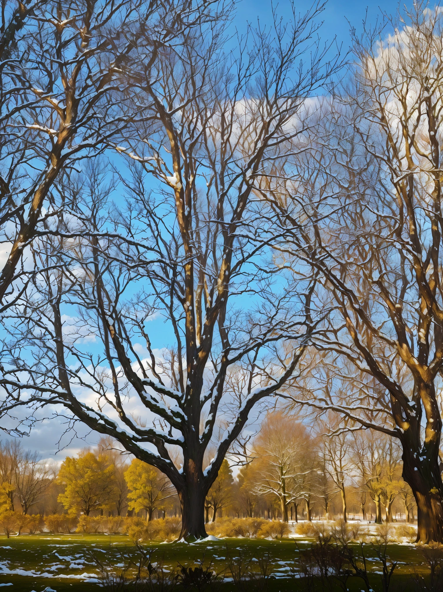 trees with no leaves on them in a park with a blue sky, autumn bare trees, trees outside, bare trees, trees in background, trees in foreground, trees with lots of leaves, trees. wide view, varied trees in the back, trees swaying to the beat, some trees in the background, trees in the background, sparse bare trees, winter scene with some on the trees, 4k high quality