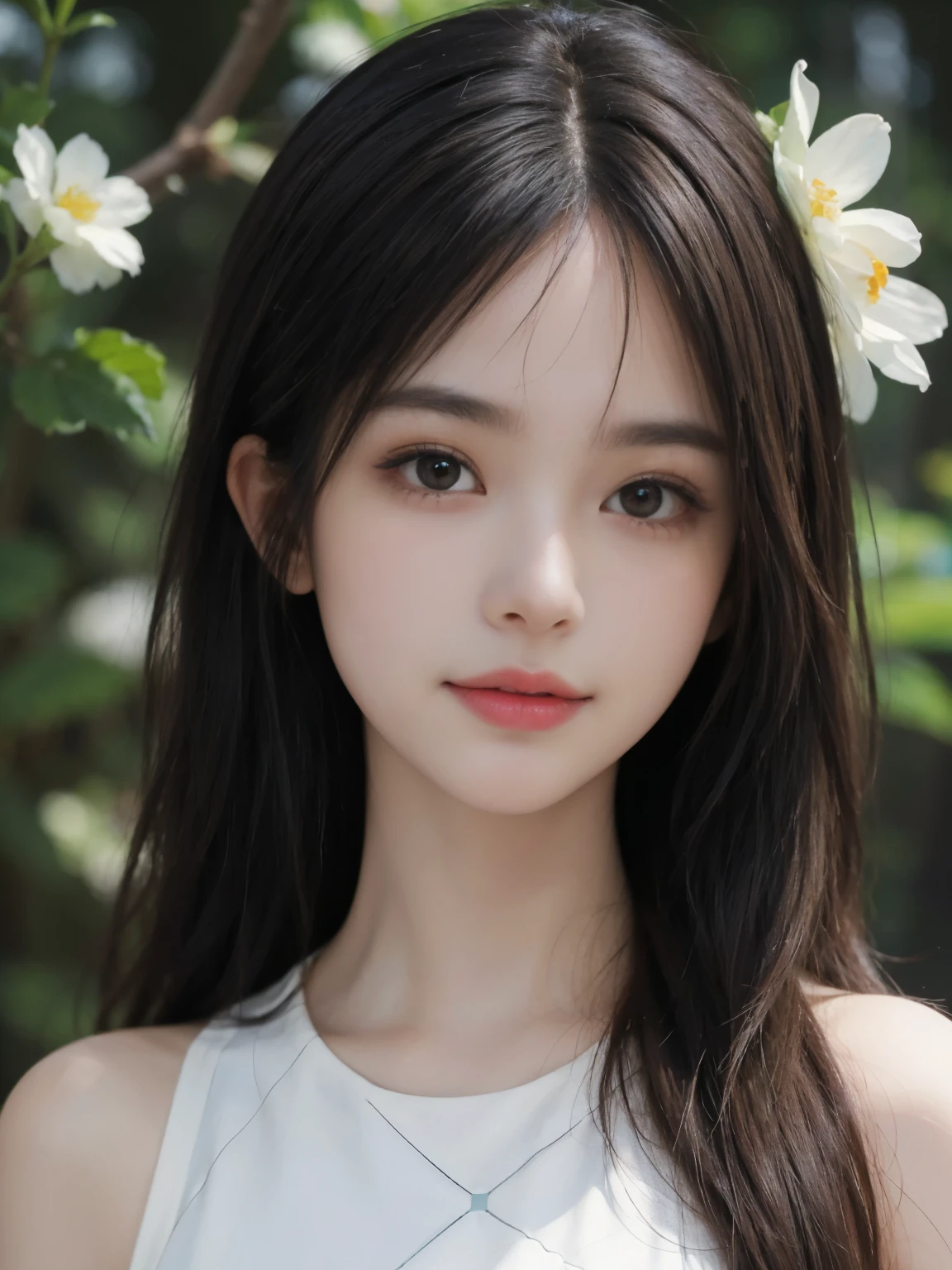 (ultra realistic) , (illustration), (increase resolution), (8K), (extremely detailed), (best illustration), (beautiful detailed eyes), (best quality), (ultra-detailed), (masterpiece), (wallpaper), (detailed face), solo,1 girl, looking at viewers, black straight hair, delicate details, in the dark, deep shadow, low key, pureerosfaceace_v1, happy smile, summer dress, full body, flower garden