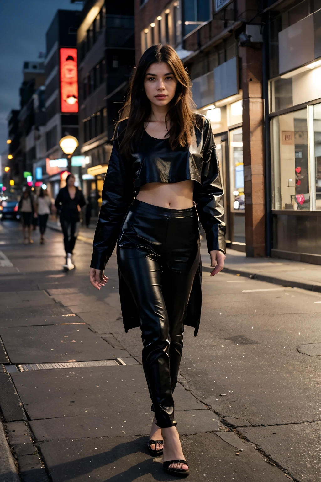 create a beautiful woman walking in the empty street in the night with beautiful clothes