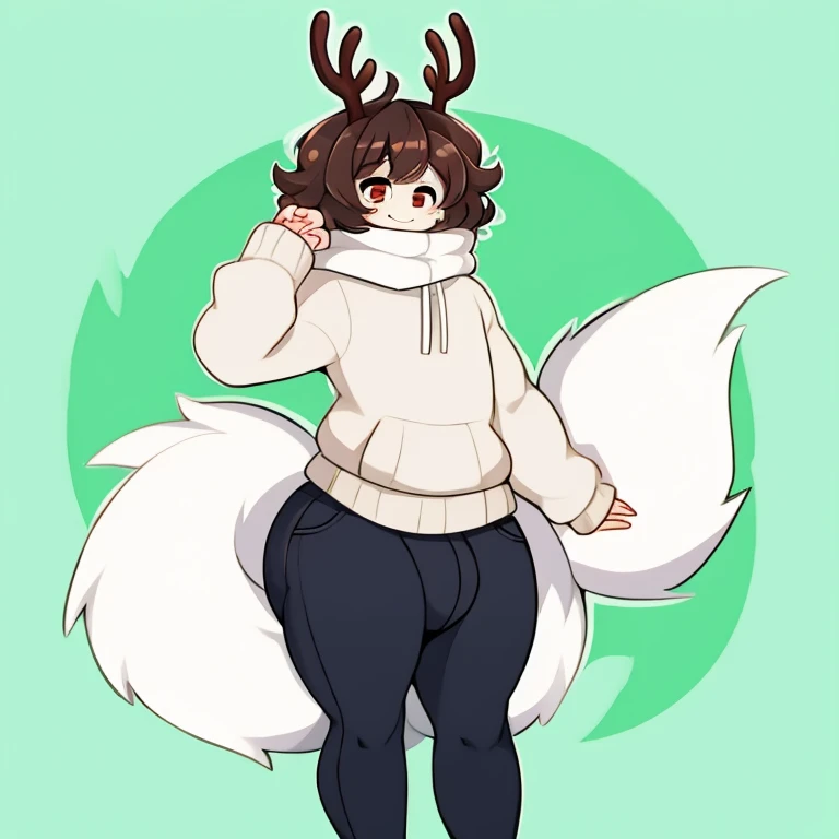 Solo, white fox, male, brown antlers, brown pupils, short wavy curls, shaggy, white scarf, furry, white sweater, black pants, thicc, hourglass figure, huge butt, huge bulge