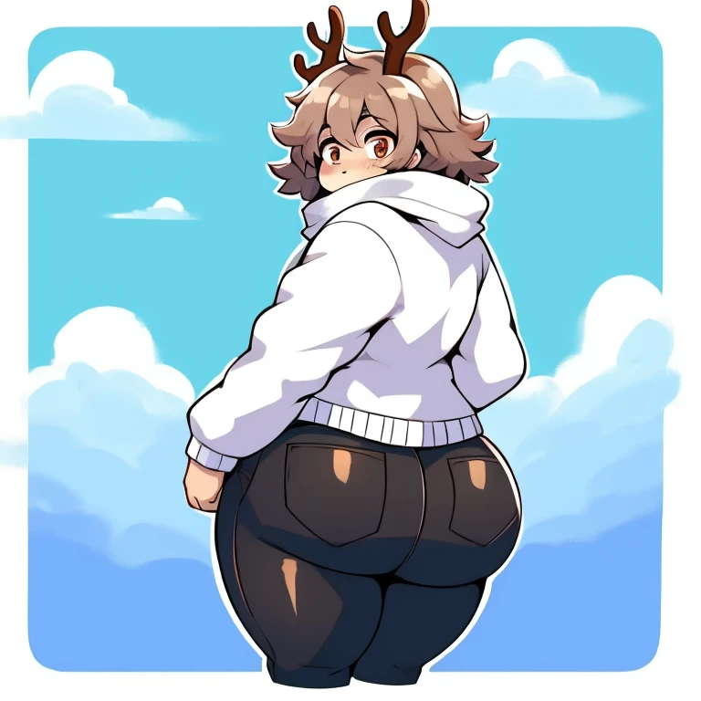 Solo, white fox, male, brown antlers, brown pupils, short wavy curls, shaggy, white scarf, furry, white sweater, black pants, thicc, hourglass figure, huge butt, huge bulge