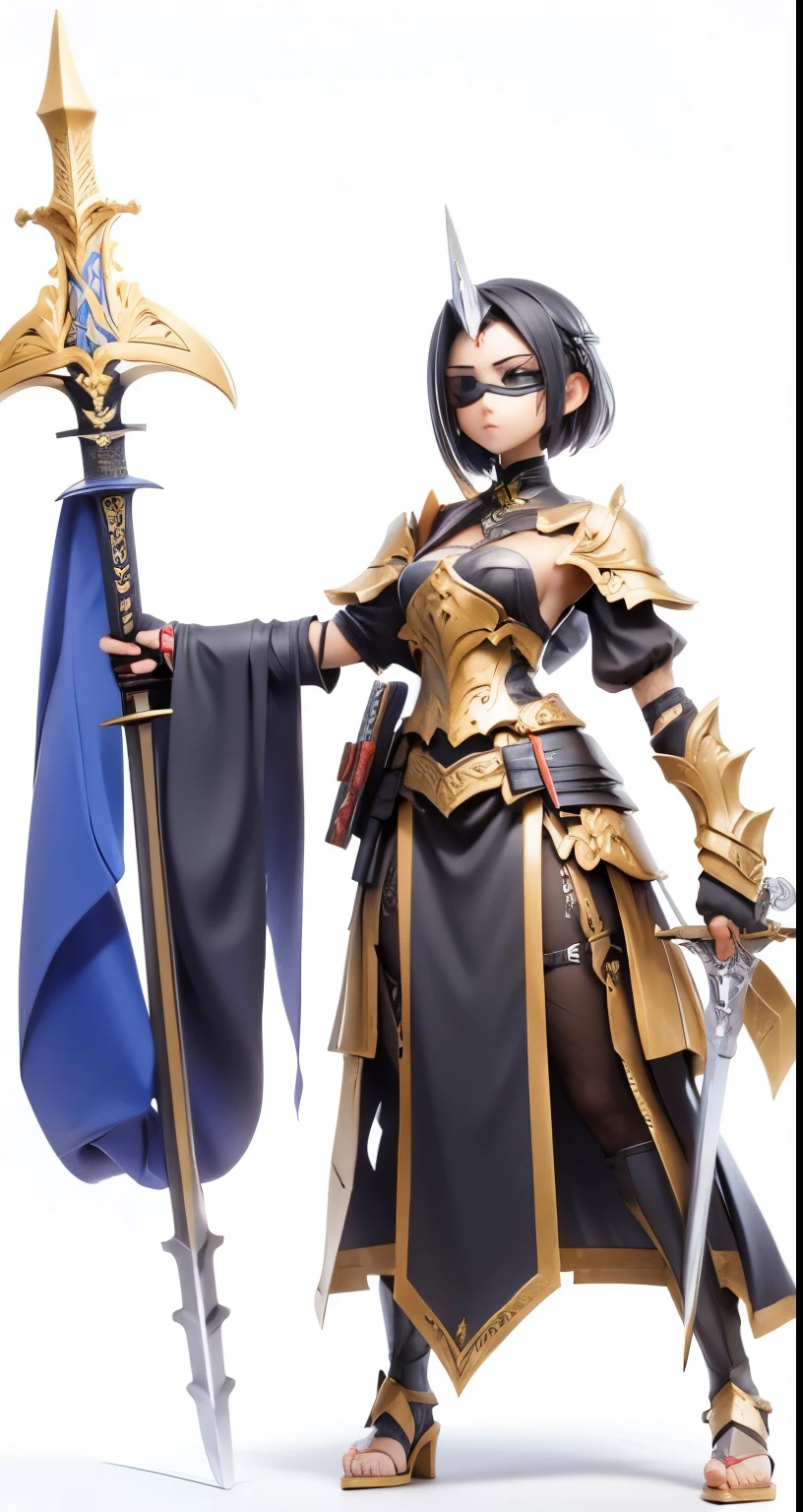 Black chrome, covered face, sword in right hand