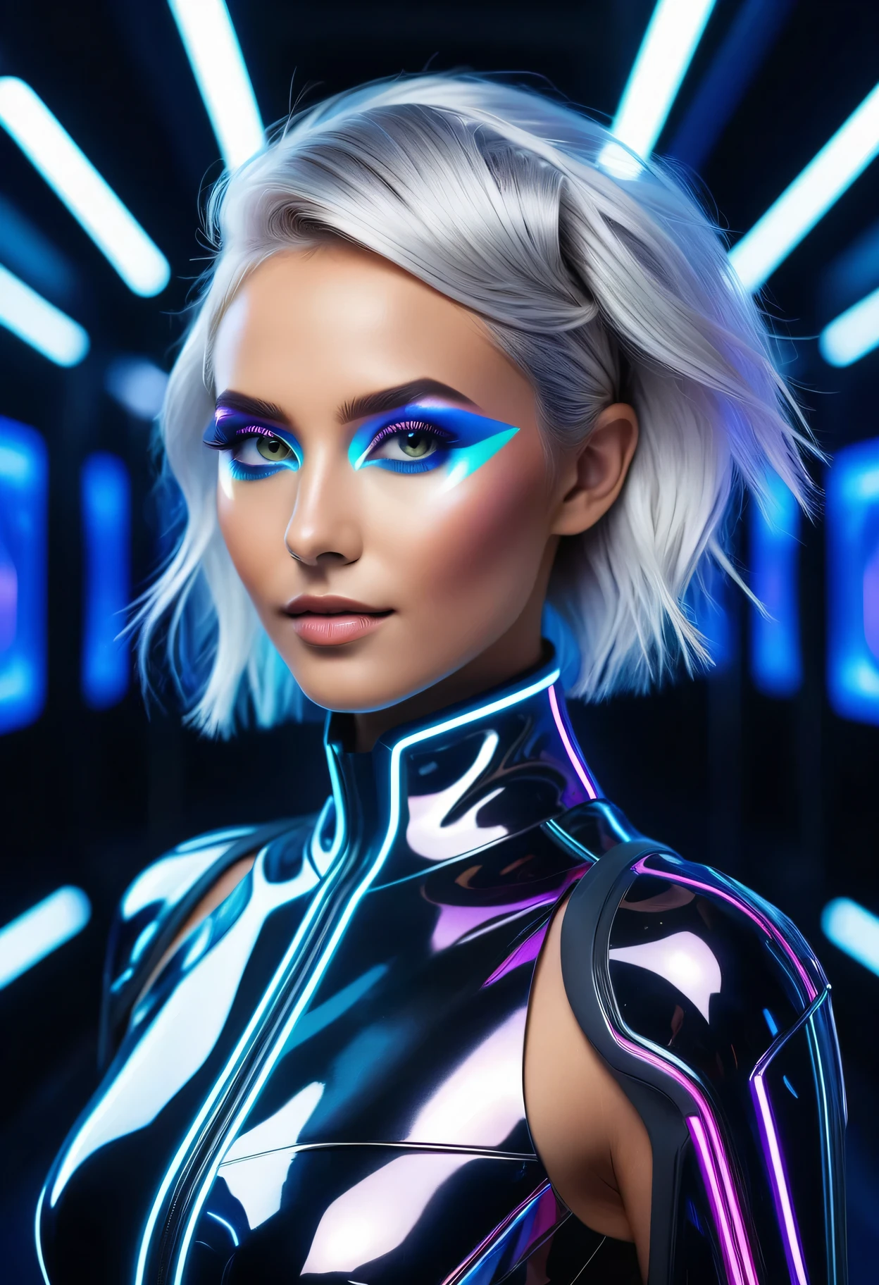 (best quality,highres,masterpiece:1.2),ultra-detailed,realistic,portrait,28-year-old,beautiful woman with futuristic makeup and hairstyle,vibrant colors,glowing neon lights,shimmering skin,sparkling eyes,perfect complexion,radiant smile,sharp cheekbones,long, sleek and silver hair,geometric shapes,striking and edgy aesthetic,futuristic elements and accessories,fashion-forward,stylish attire,confident and powerful pose,in a high-tech environment,surrounded by holographic displays and futuristic technology,creating a sense of advanced and cutting-edge society