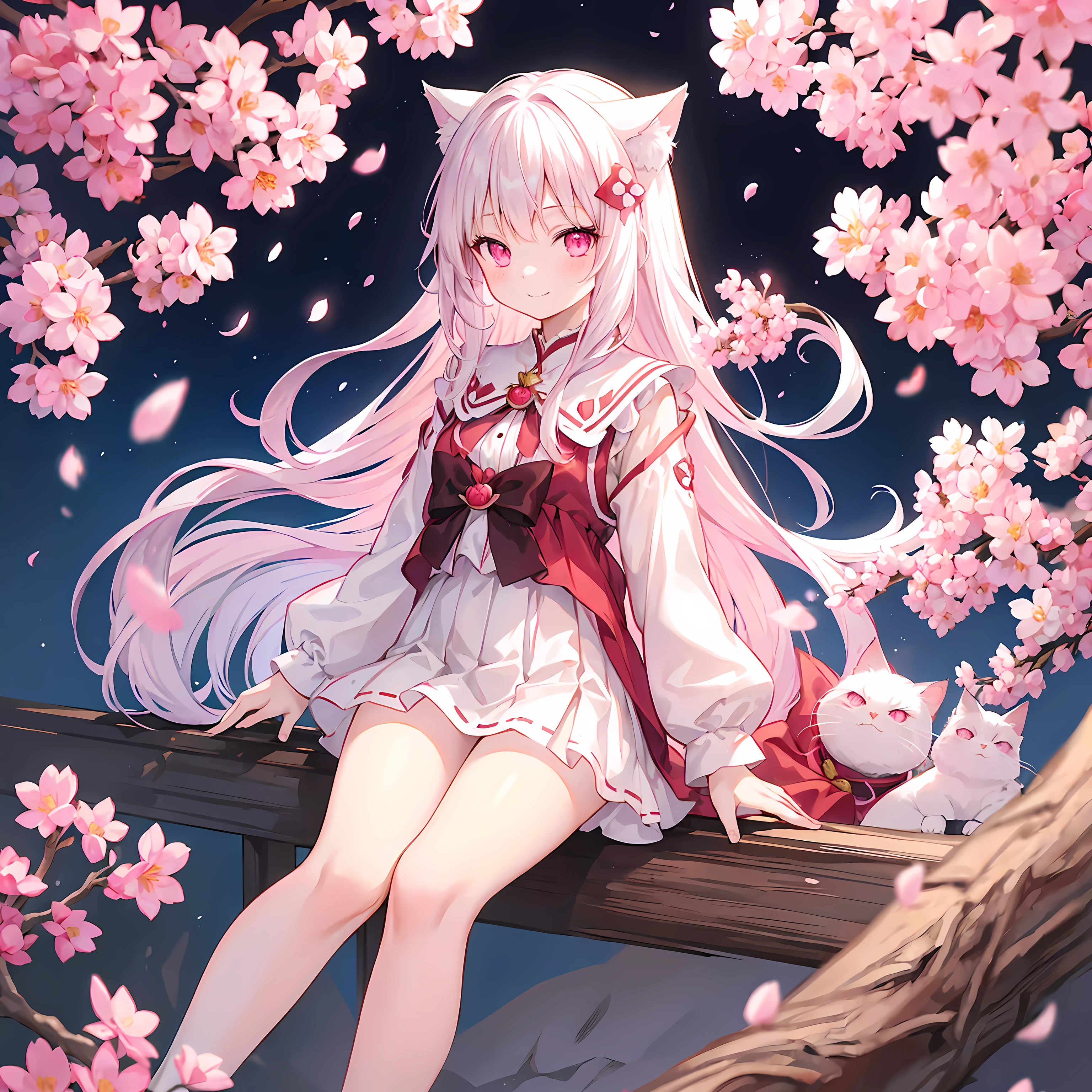 Long white hair、pink eyes、One Beautiful Cat Girl、red blush、A smile、Flip-fluffy miniskirt、Cherry blossoms、