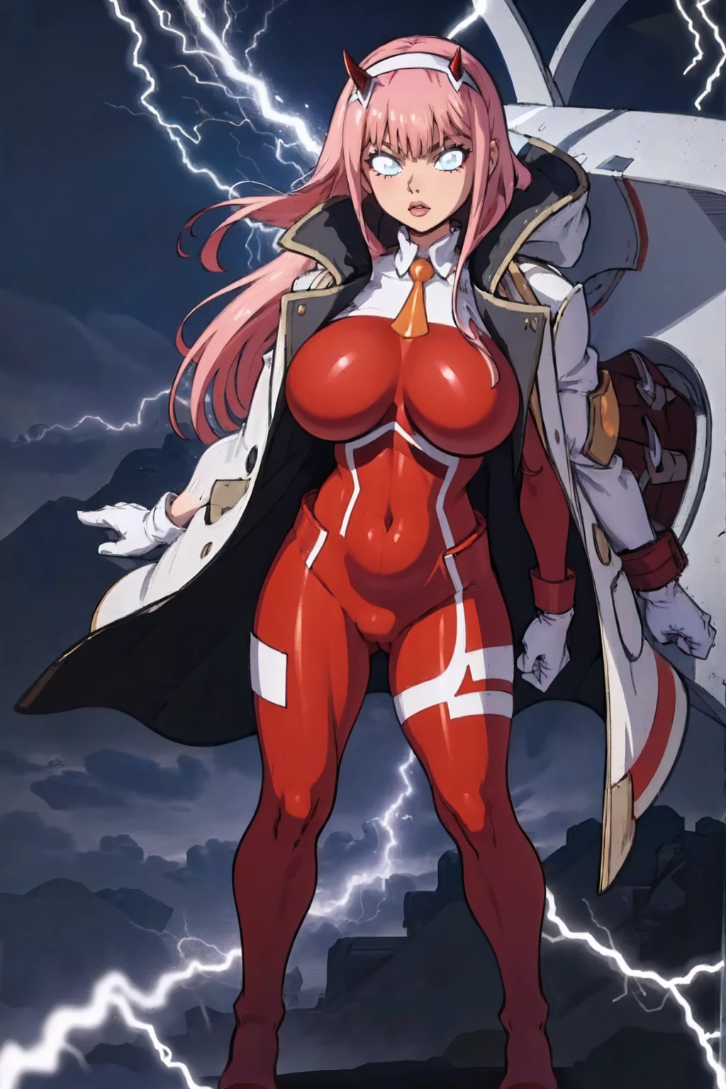 masterpiece, best quality, IncrsLowTier, electricity, glowing eyes zerotwo horns, hairband, necktie, red dress, pantyhose horns, hairband, red bodysuit, armlet, mecha horns, hairband, white bodysuit, white gloves, cap, red dress, white gloves, jacket on shoulders, pantyhose, cyber_armor body_suit,huge_breast, tall female, fulll body, sun light, smile,, sun aura,, boots, standing, smile, lips, red lips,,,{best quality}, {amazing quality} {best quality},{amazing quality},, {absurdres},{{highres}}, {very aesthetic}, {detailed}, curvy, tall, huge breast, character focus, white background,full-length portrait,, huge hips, huge muscles, huge thighs, curvaceous, venus figure,full body, full portrait