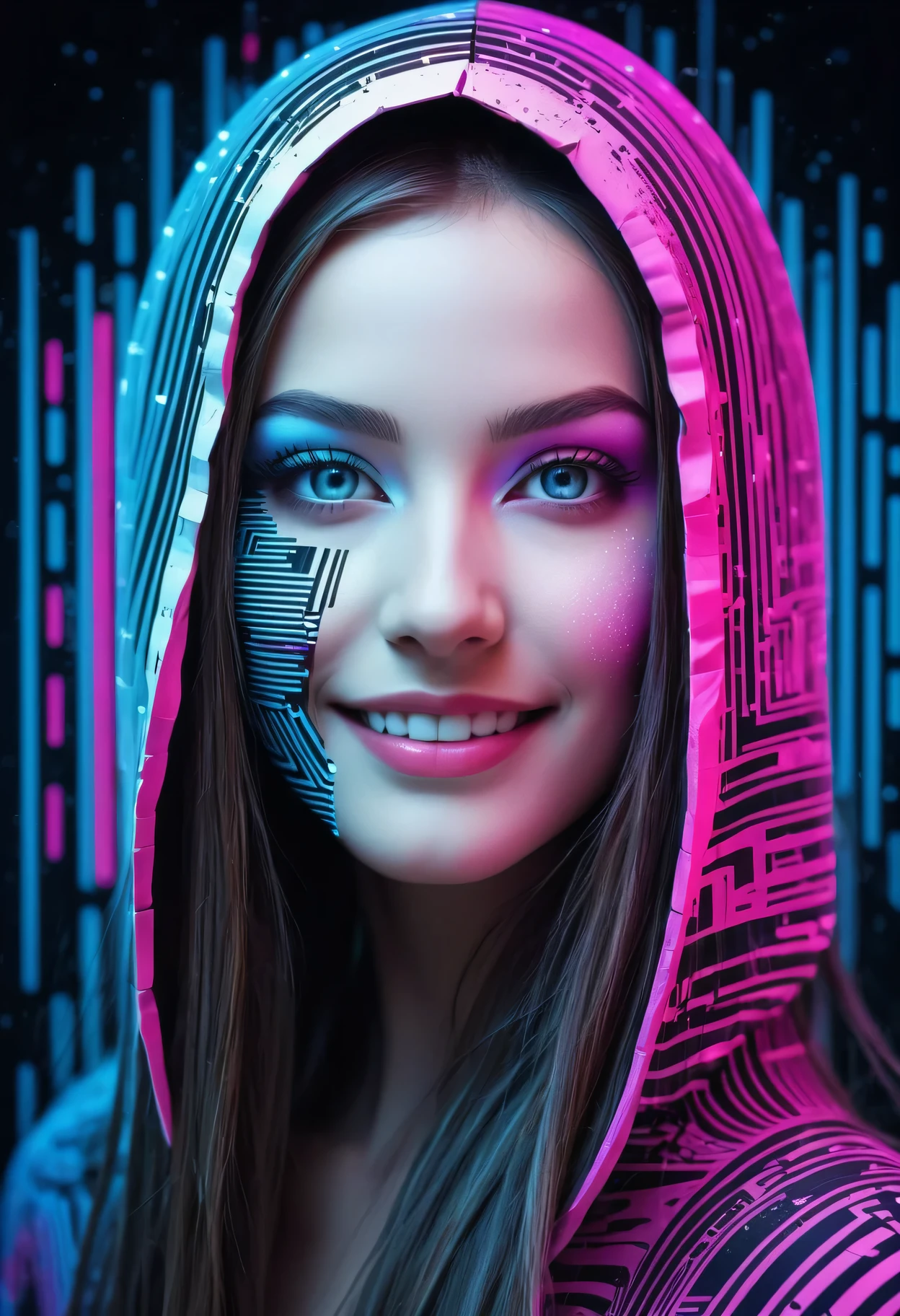 Detailed background, masterpiece, best quality, Paper-cut art: Beautiful model portrait made from cybernetic digital binary barcode data, Futuristic Makeup, Floating long hair, Smile, accessories, hood, Neon Pink, Graffiti, night, Bright Eyes, Starlight