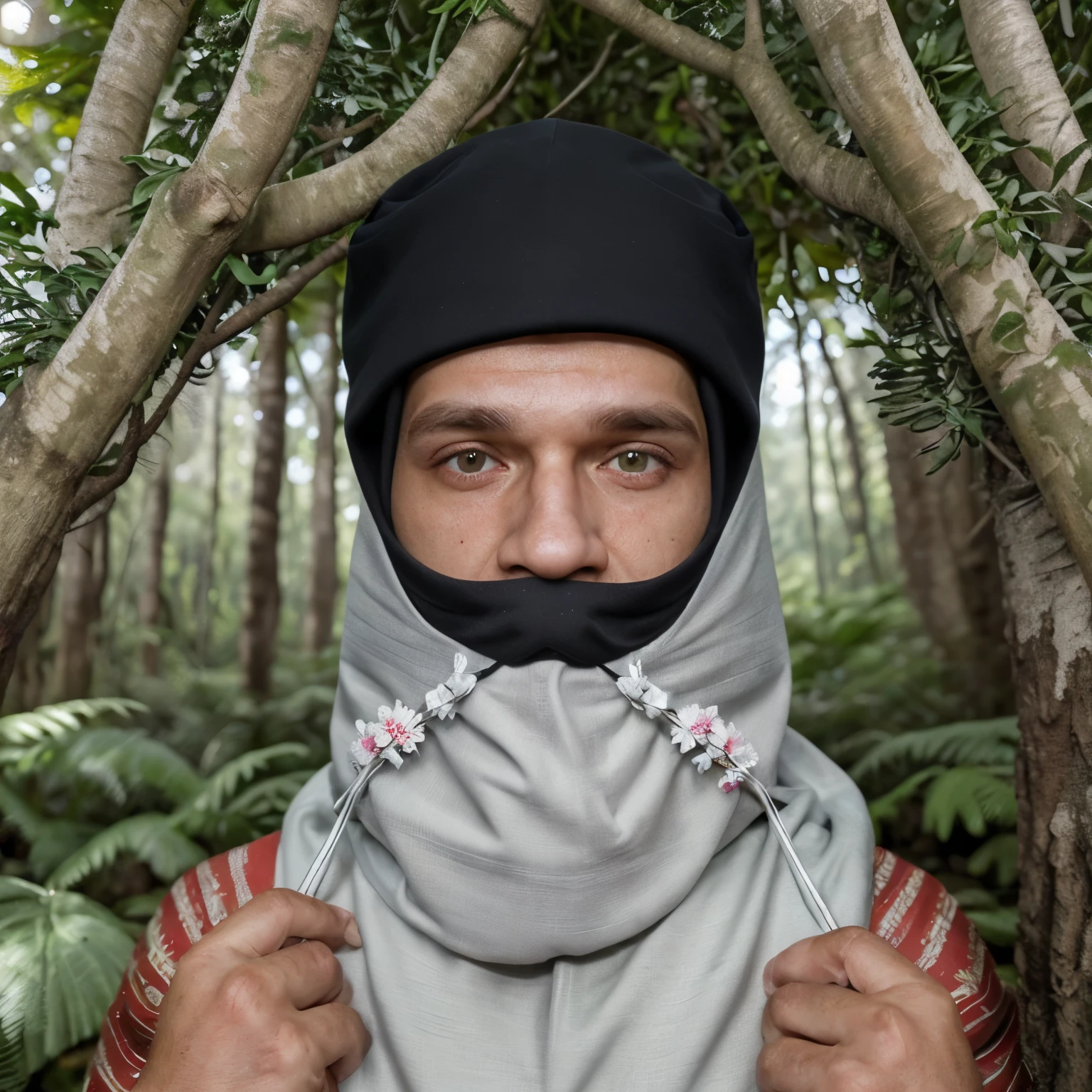 Homem branco com olhos brancos com capa preta e um cajado e no fundo uma floresta em chamas 