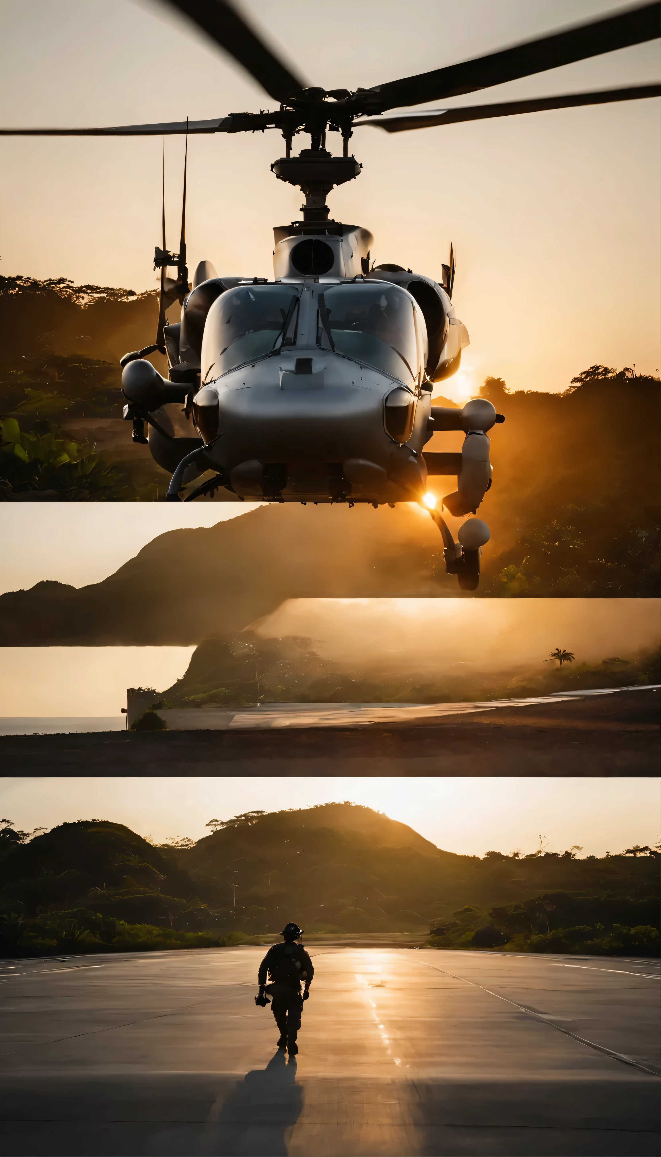 AH-1 Cobra detailed images，　with high definition images、Discover the intricate details of the AH-1 Cobra Marine in stunning clarity。Over Andersen Air Force Base in Guam、Witness two aircraft undergoing rigorous training in preparation for an attack。The sun is setting in the background、It casts a warm glow on the silver fuselage of a helicopter as it soars through the sky.。Highly polished rotor blades、Cutting through the air with precision、Leaves a trail of dust and debris。Pilots in tactical gear、Staring at the screen、Eyes on the horizon, searching for a target。The engine roars to life、When the helicopter plummets、A powerful hum fills the air.。