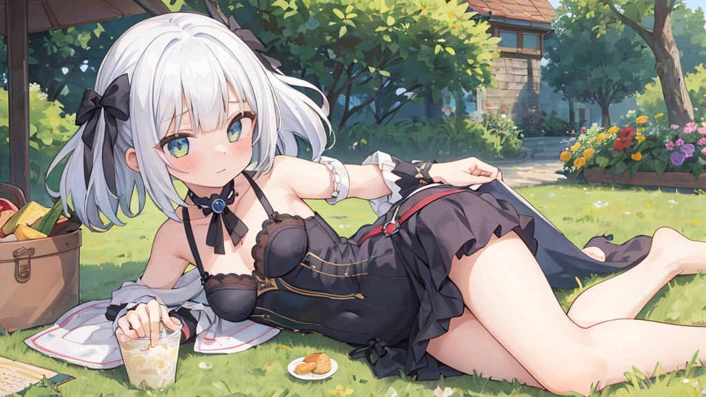 Meisterwerk,best quality,perfekte Komposition,komplizierte Details,((6+girl:1.5)),Niedlich,Katzenohren,Katzenschwanz,Randomly colored hair,fein detaillierte Augen,barefoot,Sommerkleid aus Spitze,den Betrachter anschauen,outside,Luxurious garden,Picknick,