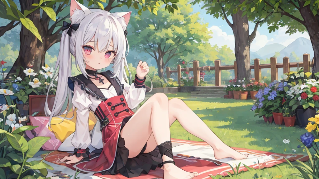 Meisterwerk,best quality,perfekte Komposition,komplizierte Details,((6+girl:1.5)),Niedlich,Katzenohren,Katzenschwanz,Randomly colored hair,fein detaillierte Augen,barefoot,Sommerkleid aus Spitze,den Betrachter anschauen,outside,Luxurious garden,Picknick,
