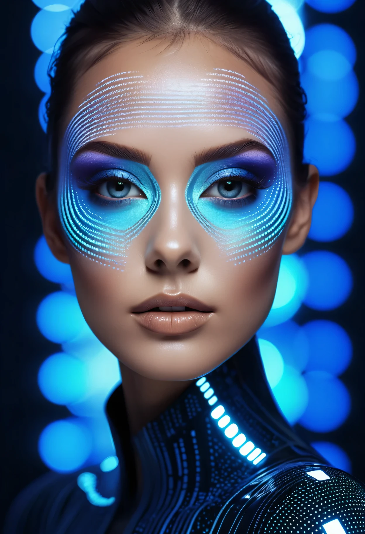 A beautiful futuristic portrait of a model with a makeup inspired by control theory binary barcode data creation.
(best quality,4k,8k,highres,masterpiece:1.2),ultra-detailed,(realistic,photorealistic,photo-realistic:1.37),portraits,concept artists,studio lighting,HDR,UHD,physically-based rendering,extreme detail description,professional,vivid colors,bokeh,futuristic,beauty,design,algorithmic makeup,sleek,clean,precision,geometric patterns,neon lights,glowing lines,futuristic fashion,sharp contours,high-tech elements,fluid lines,metallic sheen,shimmering effects,digital enhancements,glowing eyes,reflective surfaces,digital artistry,striking makeup transformation,digital aesthetics,transcendent beauty