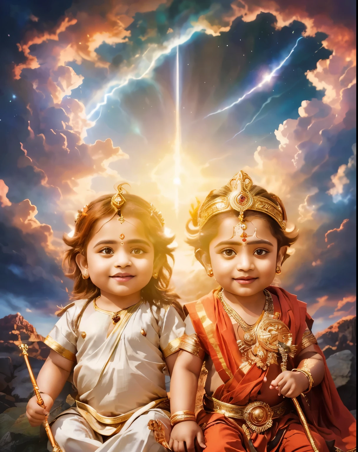 there are two children sitting on a rock with a sky background, godrays digital painting, hindu gods, bright godrays, vishnu, beautiful gemini twins portrait, official artwork, beautiful godrays, next gen, by Thota Vaikuntham, by Jitish Kallat, fanart, closeup portrait shot, beautiful gemini twins, twins, background artwork