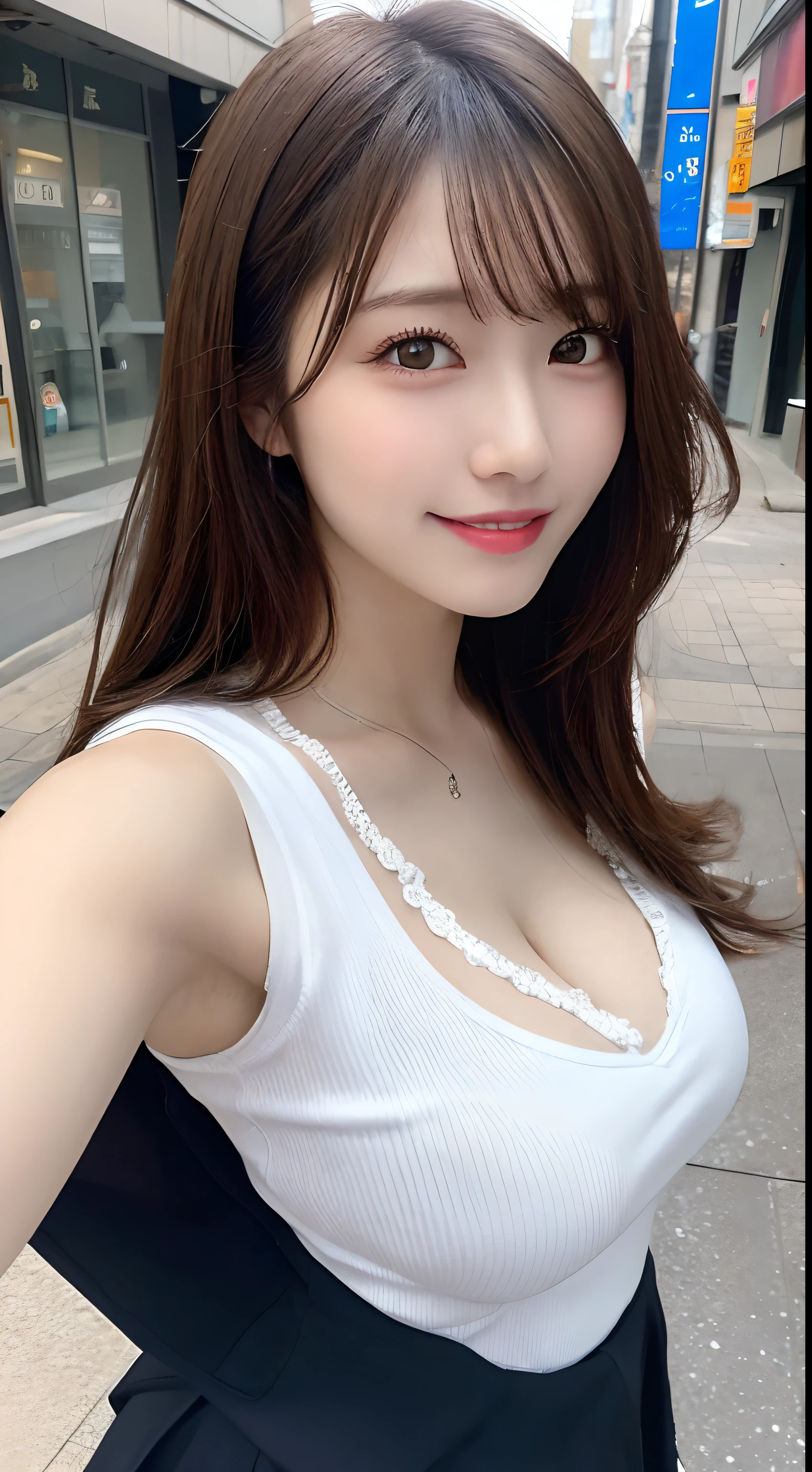 Uniforms, Best Quality, Ultra-detailed, finely detail, hight resolution, 8K Wallpaper, Perfect dynamic composition, Beautiful detailed eyes, doress,Medium Hair, Big breasts, Natural Color Lip, Random and sexy poses,Smile,Aoyama Street Walk、A 24-year-old girl