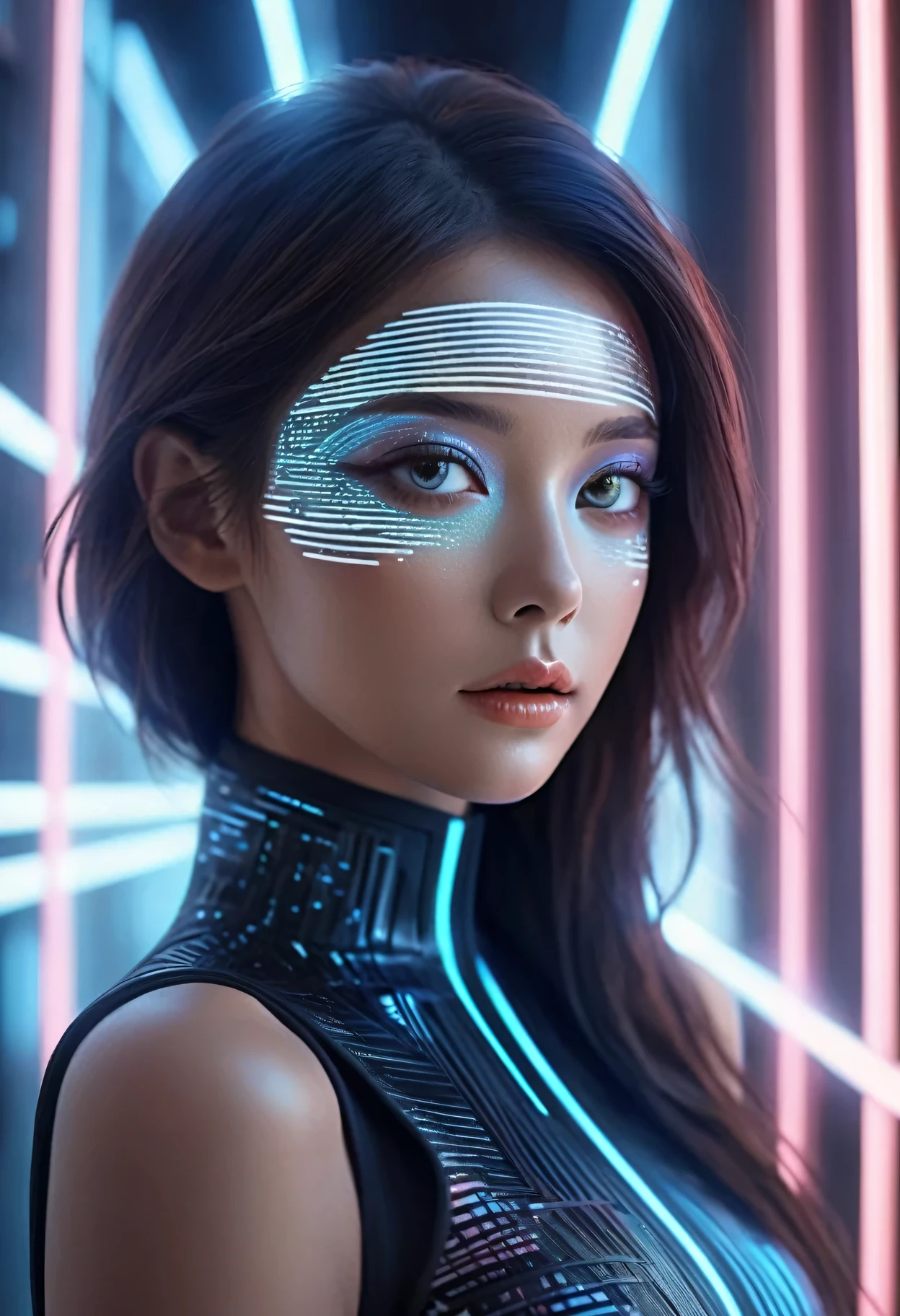 A beautiful futuristic portrait of a model with a makeup inspired by control theory binary barcode data creation. (best quality,4k,8k,highres,masterpiece:1.2),ultra-detailed,(realistic,photorealistic,photo-realistic:1.37),portraits,concept artists,studio lighting,HDR,UHD,physically-based rendering,extreme detail description,professional,vivid colors,bokeh,futuristic,beauty,design,algorithmic makeup,sleek,clean,precision,geometric patterns,neon lights,glowing lines,futuristic fashion,sharp contours,high-tech elements,fluid lines,metallic sheen,shimmering effects,digital enhancements,glowing eyes,reflective surfaces,digital artistry,striking makeup transformation,digital aesthetics,transcendent beauty