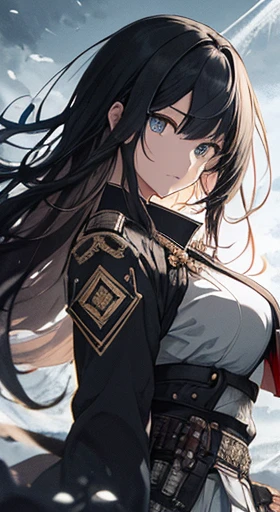 Japanese sword、Samurai sword、whole body、White one-piece military uniform、 Jet black hair,(Tabletop:1.2, highest quality), (beautiful, Fine grain: 1.2), (Detailed Background,Dark fantasy), (beautifully detailed face), High Contrast, (Best lighting, とても繊細でbeautiful), ((Cinematic Light)), colorful, Hyper Detail, Dramatic Light, Intricate details,とてもblue eyes, Shining Eyes, Long hair blowing in the wind、Big ample breasts、Belt under the chest、White military uniform, skirt, Big ample breasts, Long hair blowing in the wind, sword, Jet black hair, blue eyes, Black tie, Belt under the chest, 真swordな表情,