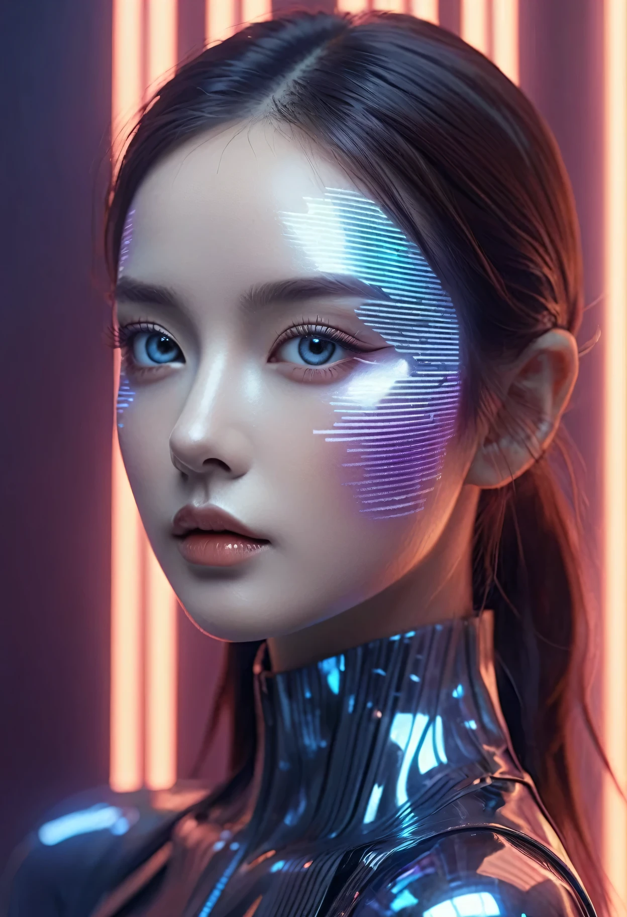 A beautiful futuristic portrait of a model with a makeup inspired by control theory binary barcode data creation. (best quality,4k,8k,highres,masterpiece:1.2),ultra-detailed,(realistic,photorealistic,photo-realistic:1.37),portraits,concept artists,studio lighting,HDR,UHD,physically-based rendering,extreme detail description,professional,vivid colors,bokeh,futuristic,beauty,design,algorithmic makeup,sleek,clean,precision,geometric patterns,neon lights,glowing lines,futuristic fashion,sharp contours,high-tech elements,fluid lines,metallic sheen,shimmering effects,digital enhancements,glowing eyes,reflective surfaces,digital artistry,striking makeup transformation,digital aesthetics,transcendent beauty