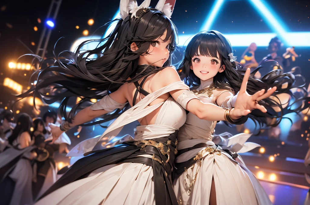 (6girls),idol, tween,cute,on stage,enjoy dancing for audience,fox ear hairband,black hair,white and black costume,matching outfit,2020s,
won't go out,If he could come out, he would, but he doesn't, I can't come because I can't come, so I can't come, I can't come, so I can't come, so I won't come, do not come,
beautiful lighting, dynamic angle, photographic sharp,