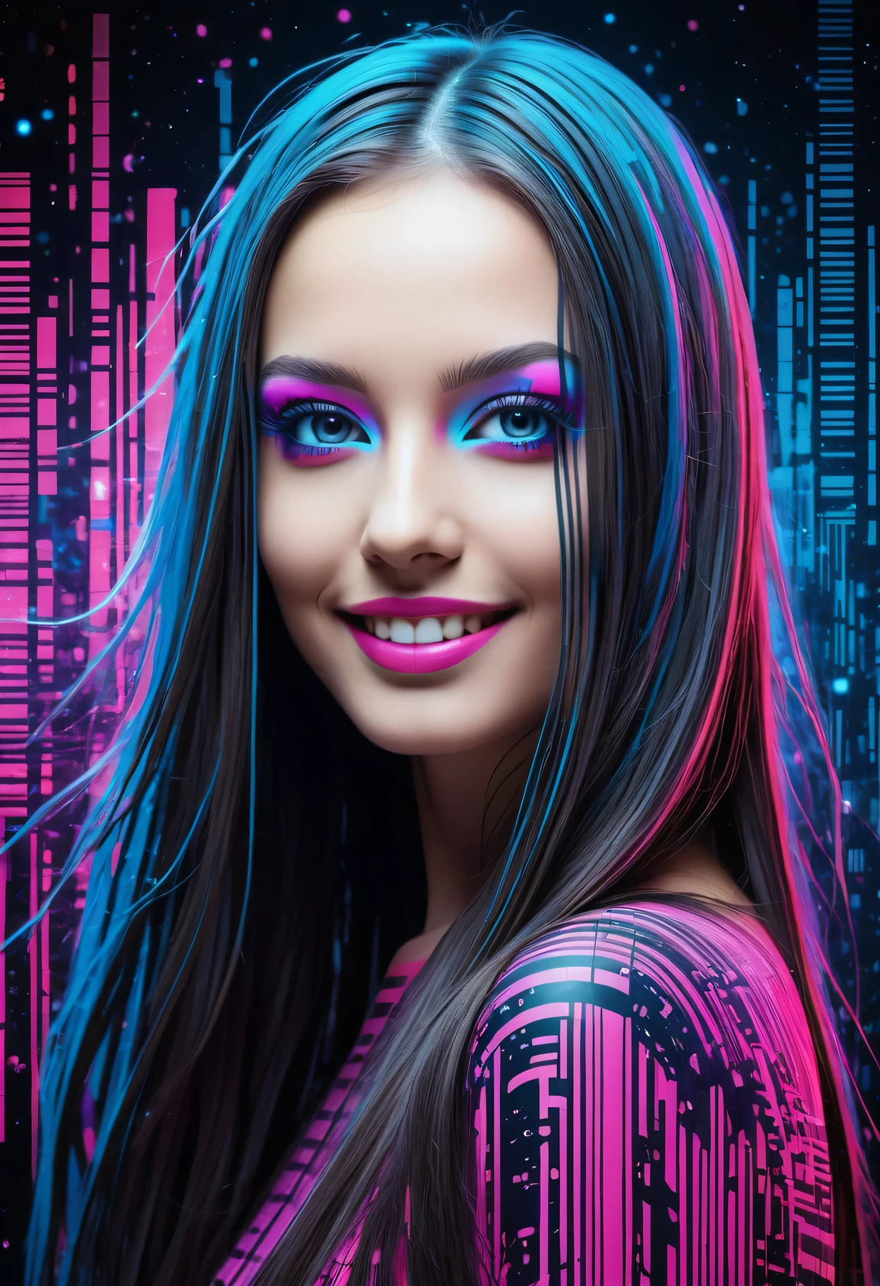 Detailed background, masterpiece, best quality, Paper-cut art: Beautiful model portrait made from cybernetic digital binary barcode data, Futuristic Makeup, Floating long hair, Smile, accessories, Neon Pink, Graffiti, night, Bright Eyes, Starlight