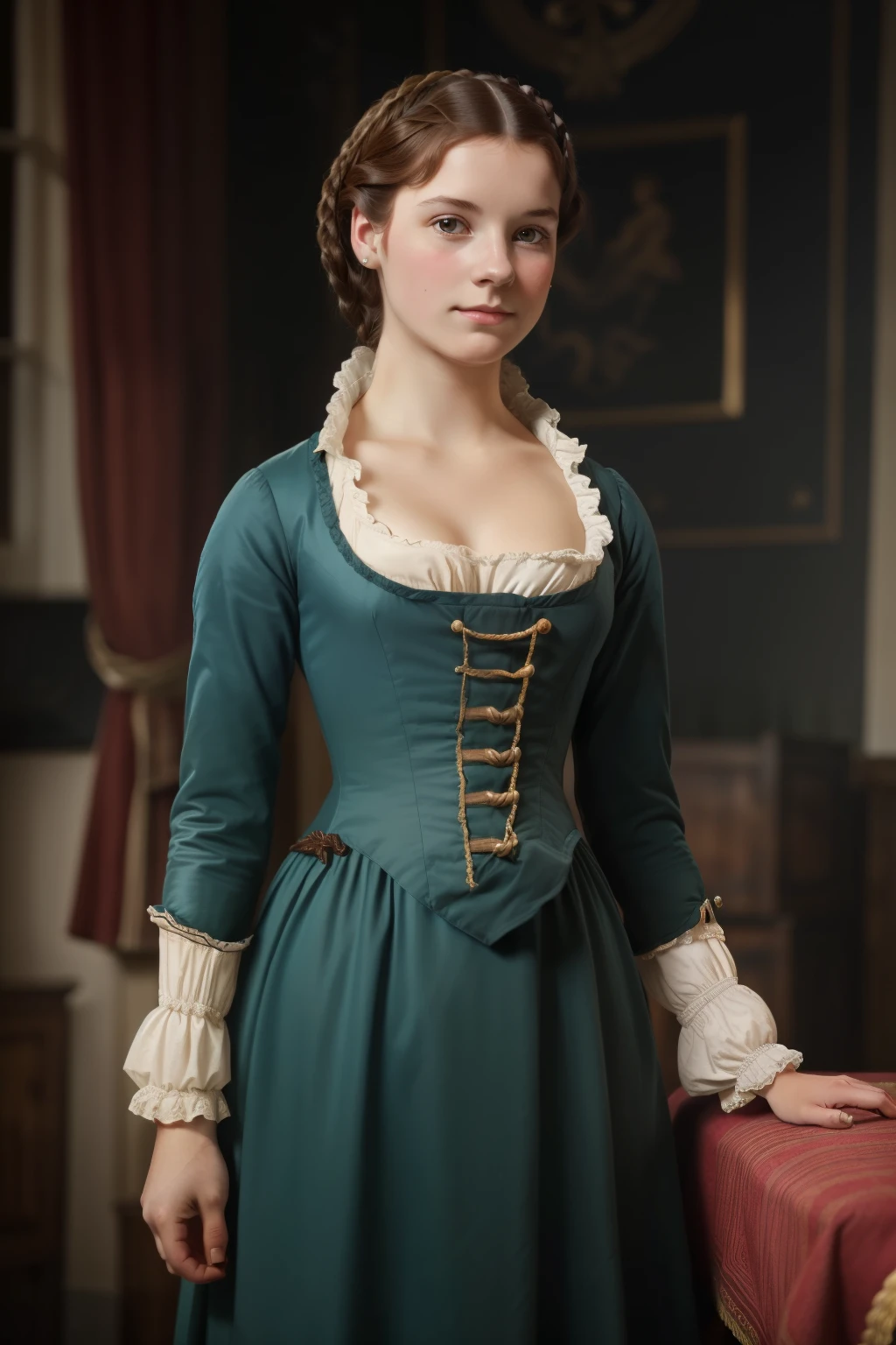England, 1792. A young ((((18-year-old)) Brianna Fraser)), , ((((clothings from the 1790s)))), ((hairstyle of the 1790s)), pastel colors, colorful, realistic