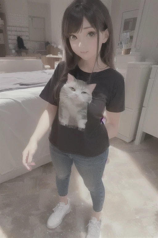 A woman wearing a cat T-shirt is standing in a room, very beautiful cute Cat girl, Cute shirt and jeans, Real life anime girls, anime Cat girl, anime cat, Realistic Anime 3D Style, 魅力的なCat girl, beautiful young Cat girl, Cat girl, realistic anime cat, cute anime Cat girl, beautiful anime Cat girl