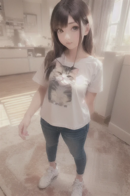 A woman wearing a cat T-shirt is standing in a room, very beautiful cute Cat girl, Cute shirt and jeans, Real life anime girls, anime Cat girl, anime cat, Realistic Anime 3D Style, 魅力的なCat girl, beautiful young Cat girl, Cat girl, realistic anime cat, cute anime Cat girl, beautiful anime Cat girl