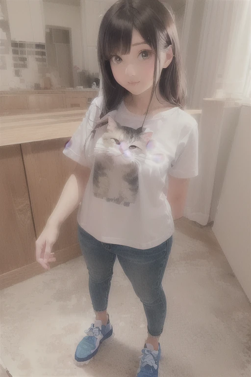 A woman wearing a cat T-shirt is standing in a room, very beautiful cute Cat girl, Cute shirt and jeans, Real life anime girls, anime Cat girl, anime cat, Realistic Anime 3D Style, 魅力的なCat girl, beautiful young Cat girl, Cat girl, realistic anime cat, cute anime Cat girl, beautiful anime Cat girl